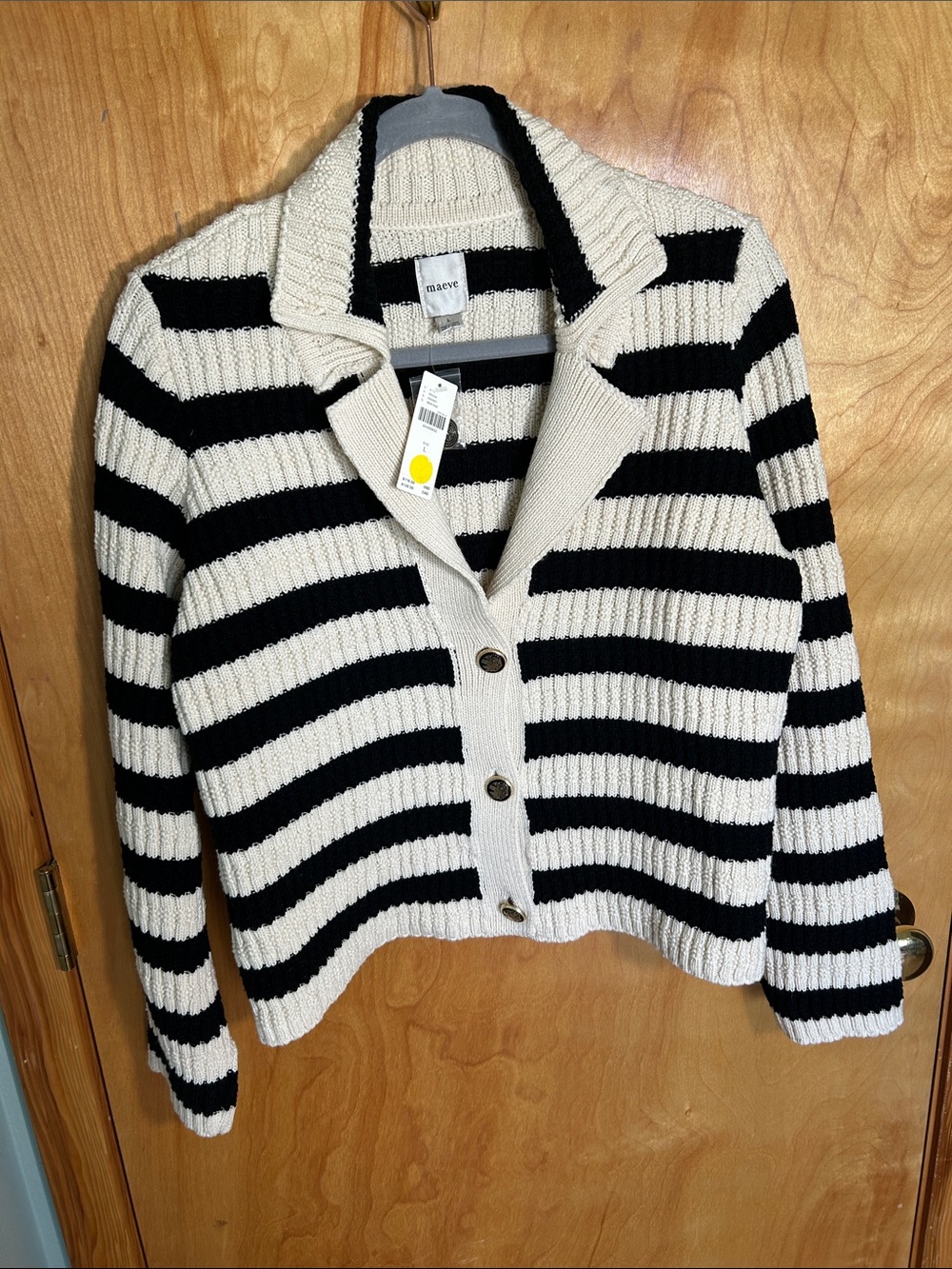 Maeve, NWT,  Black and White Striped Sporty Button-Up Sweater, Size Large